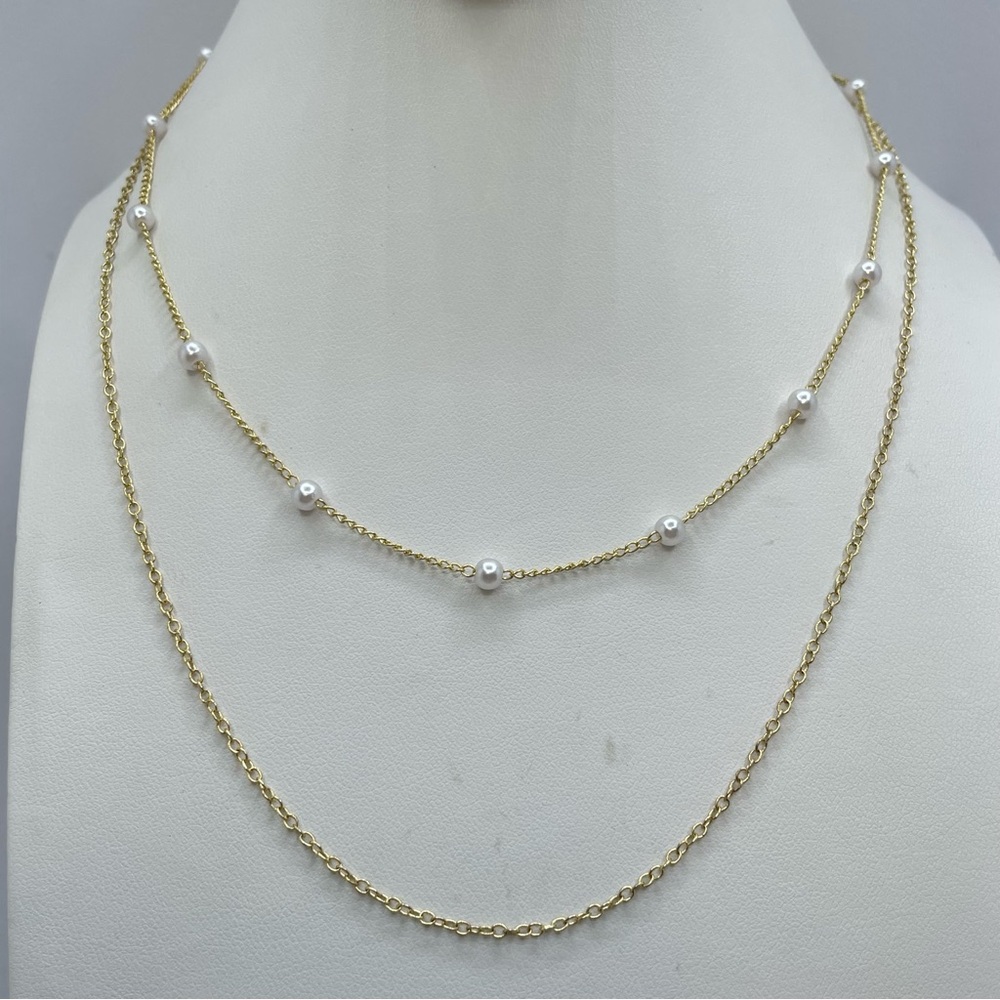 Dainty Layered Gold Tone Faux Pearl Necklace Minimalist Double Chain